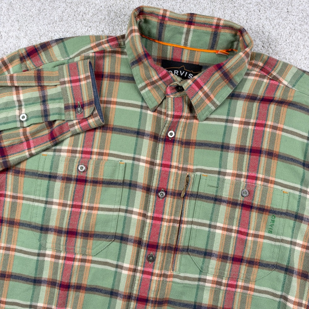 Orvis Button Down Shirt Mens Large Green Plaid Flannel Stretch Trout Bum